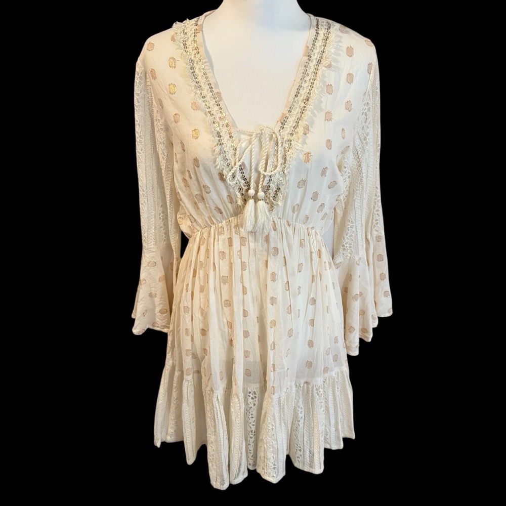 Turks And Caicos swim coverup beach dress sz Large gold polka dots tiered mixed